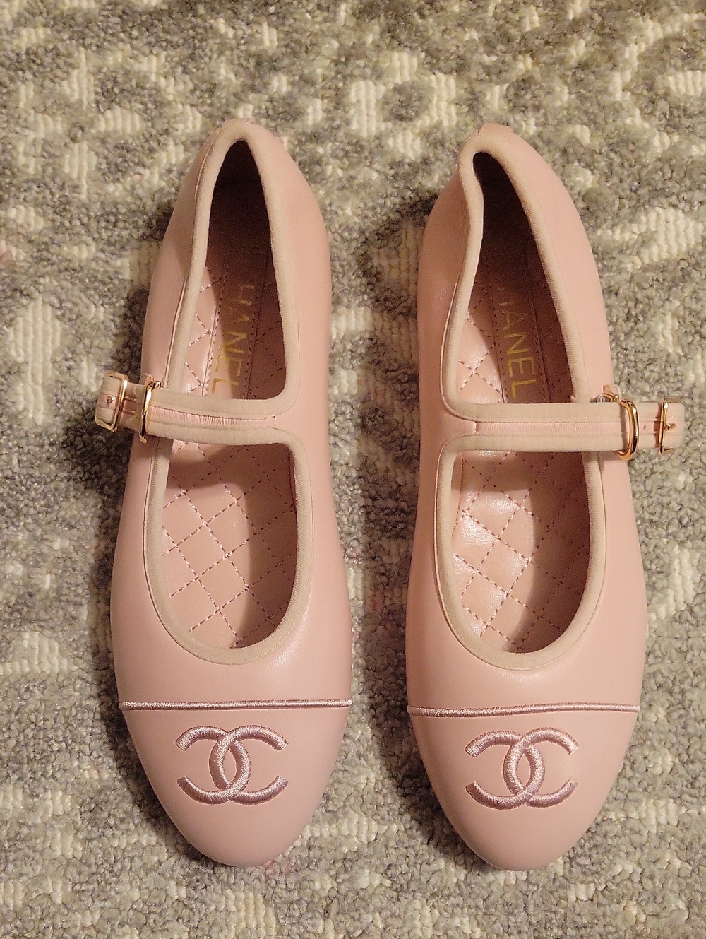 CHANEL Blush Pink Quilted Leather Mary Jane Flats with Gold Buckle